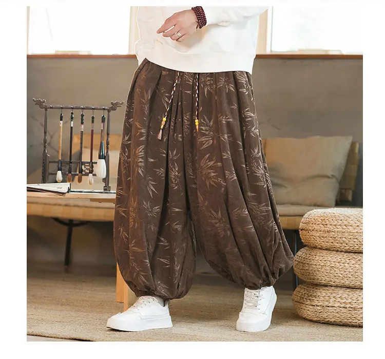 High Quality Pants For Men Chinese Style Dark Flower Corduroy Casual Bloomers Elastic Waist Fashion Loose Wide Leg Trousers Male