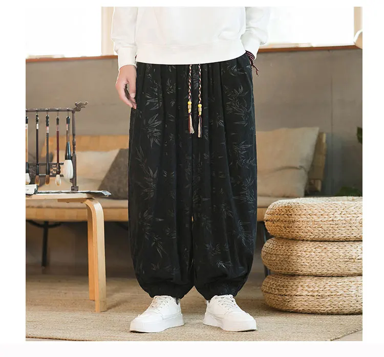 High Quality Pants For Men Chinese Style Dark Flower Corduroy Casual Bloomers Elastic Waist Fashion Loose Wide Leg Trousers Male