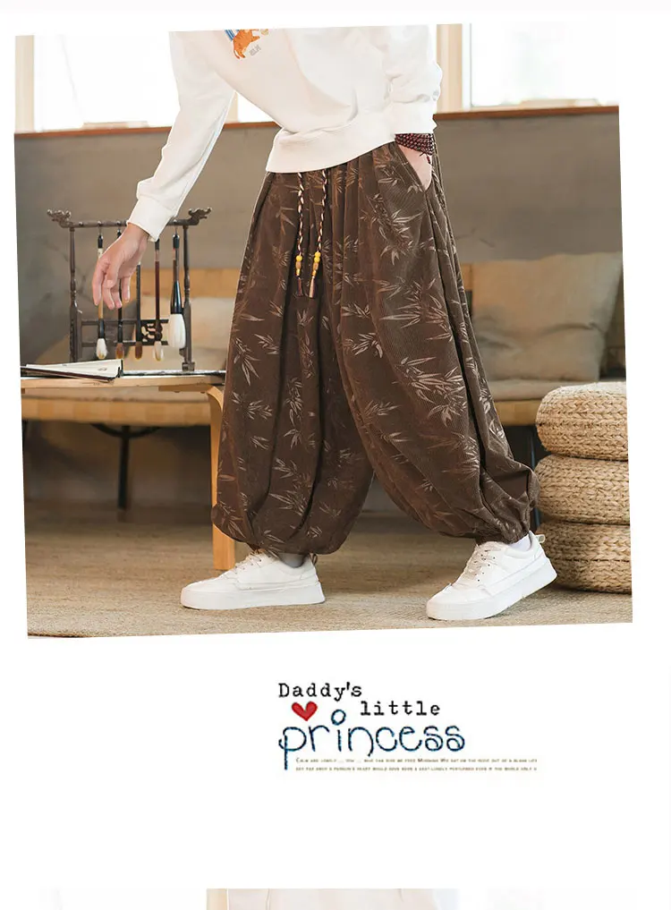 High Quality Pants For Men Chinese Style Dark Flower Corduroy Casual Bloomers Elastic Waist Fashion Loose Wide Leg Trousers Male
