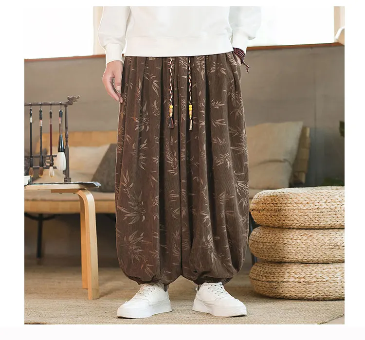 High Quality Pants For Men Chinese Style Dark Flower Corduroy Casual Bloomers Elastic Waist Fashion Loose Wide Leg Trousers Male