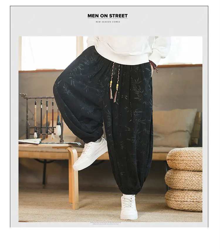High Quality Pants For Men Chinese Style Dark Flower Corduroy Casual Bloomers Elastic Waist Fashion Loose Wide Leg Trousers Male