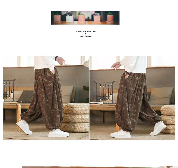 High Quality Pants For Men Chinese Style Dark Flower Corduroy Casual Bloomers Elastic Waist Fashion Loose Wide Leg Trousers Male