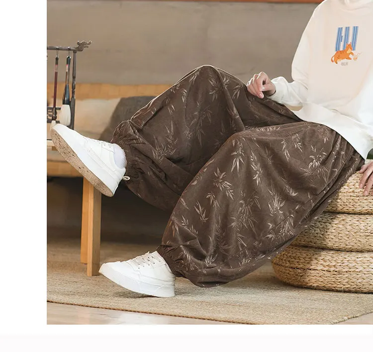 High Quality Pants For Men Chinese Style Dark Flower Corduroy Casual Bloomers Elastic Waist Fashion Loose Wide Leg Trousers Male