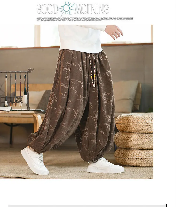 High Quality Pants For Men Chinese Style Dark Flower Corduroy Casual Bloomers Elastic Waist Fashion Loose Wide Leg Trousers Male