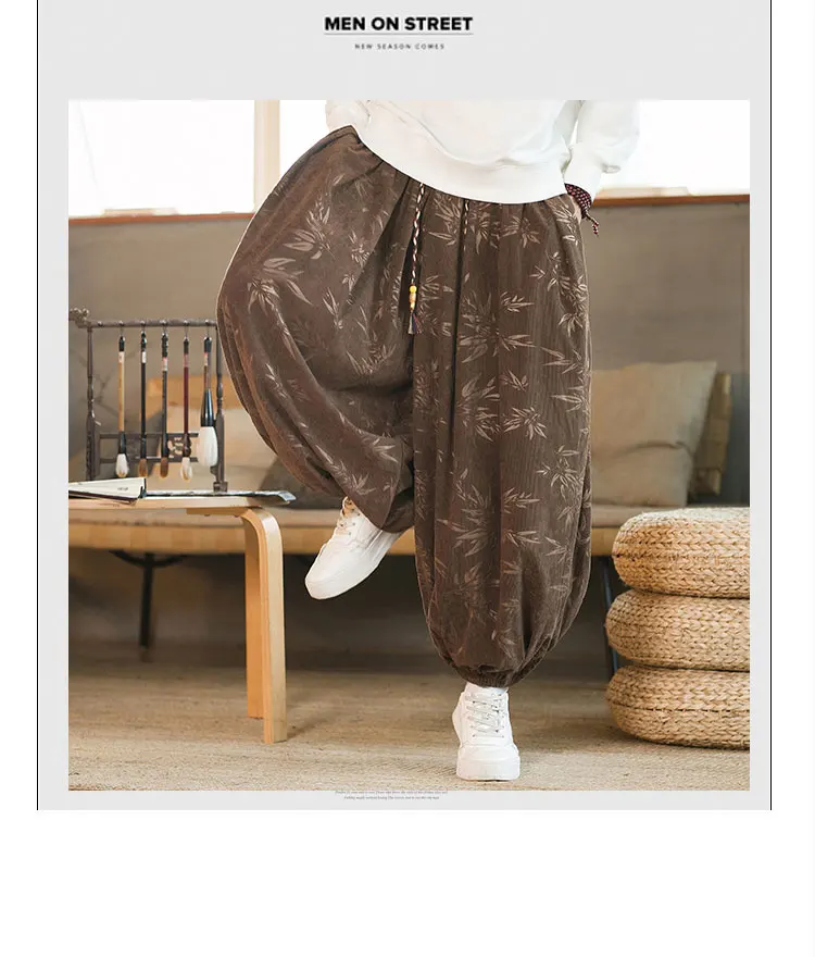 High Quality Pants For Men Chinese Style Dark Flower Corduroy Casual Bloomers Elastic Waist Fashion Loose Wide Leg Trousers Male