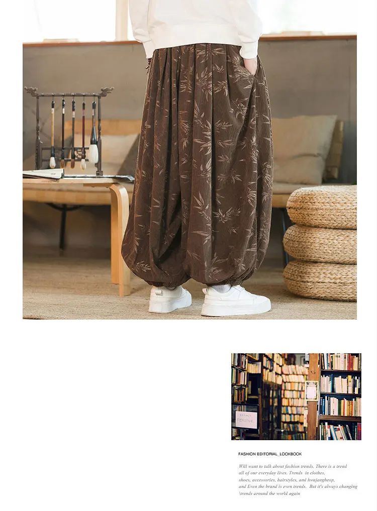 High Quality Pants For Men Chinese Style Dark Flower Corduroy Casual Bloomers Elastic Waist Fashion Loose Wide Leg Trousers Male