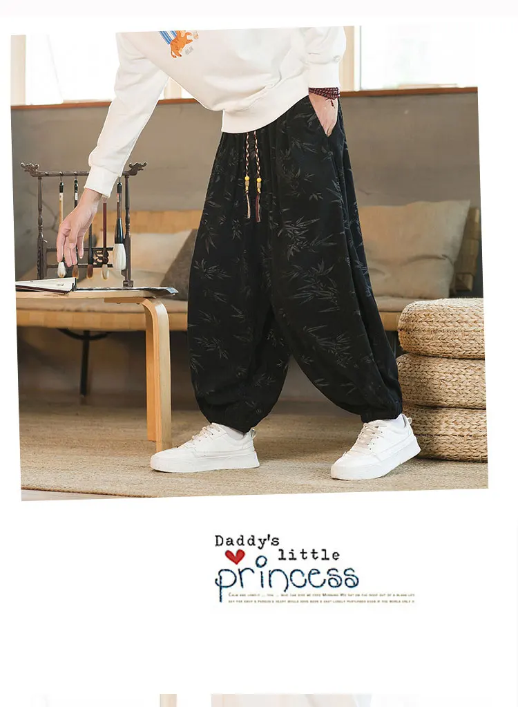 High Quality Pants For Men Chinese Style Dark Flower Corduroy Casual Bloomers Elastic Waist Fashion Loose Wide Leg Trousers Male