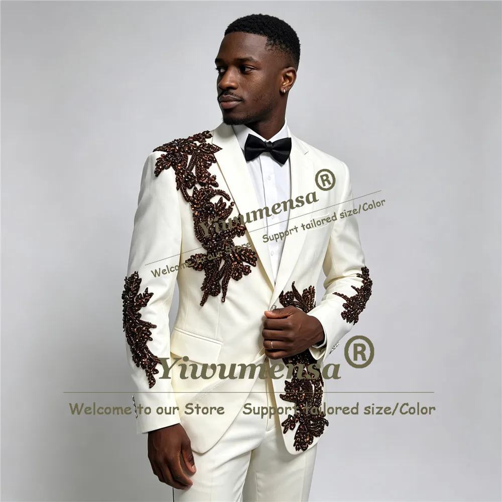Men's Suit 2 Pieces Luxury Beaded Embroidered Blazer Customized Crystals Male Fashion Blazer Peaked Lapel Formal Wedding Tuxedo