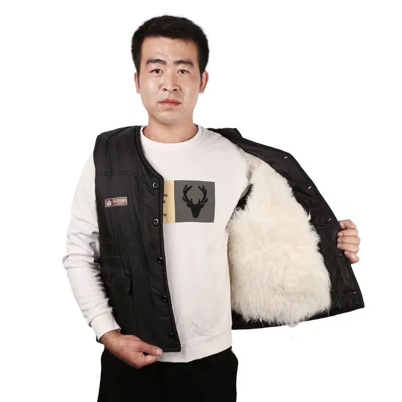 Cold Autumn Winter Middle-aged Elderly Wool Vest Thicken Warm Genuine Fur Overcoat Fashion Comfortable Dad Father Cotton Outfit