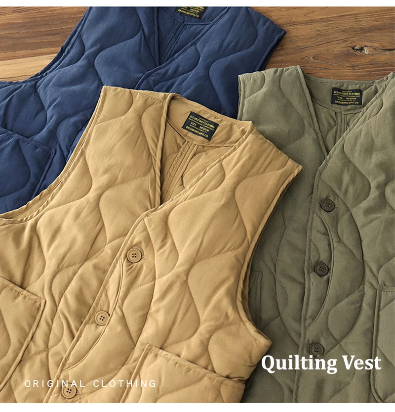 Vintage Amekaji Waistcoat Men Autumn Winter New V-neck Multi-pocket Quilting Vest Military Style Meniscus Cotton Hunting Vest