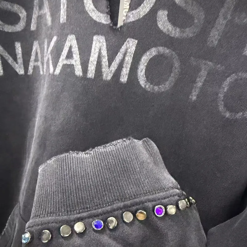 Winter Oversize SATOSHI Hoodie Retro Washed Black Destroy Collar Colorful Rivet Hood SweatshirtsMen Women Hiphop Street Outfit