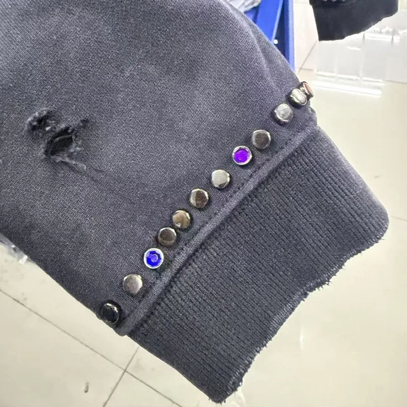 Winter Oversize SATOSHI Hoodie Retro Washed Black Destroy Collar Colorful Rivet Hood SweatshirtsMen Women Hiphop Street Outfit