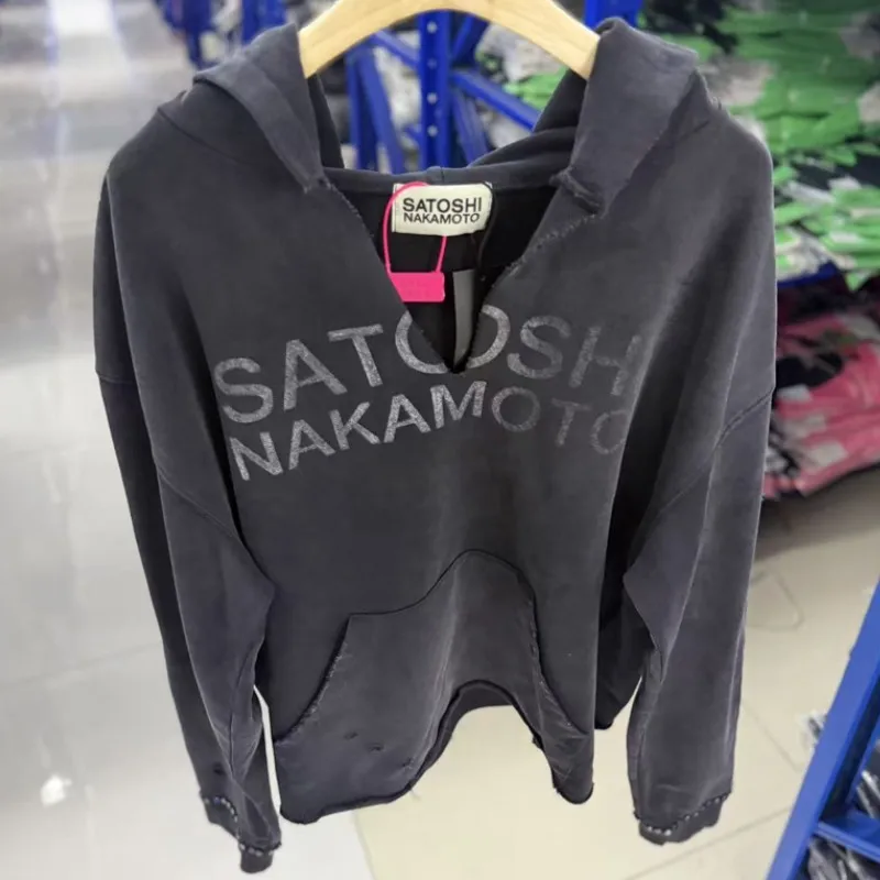 Winter Oversize SATOSHI Hoodie Retro Washed Black Destroy Collar Colorful Rivet Hood SweatshirtsMen Women Hiphop Street Outfit