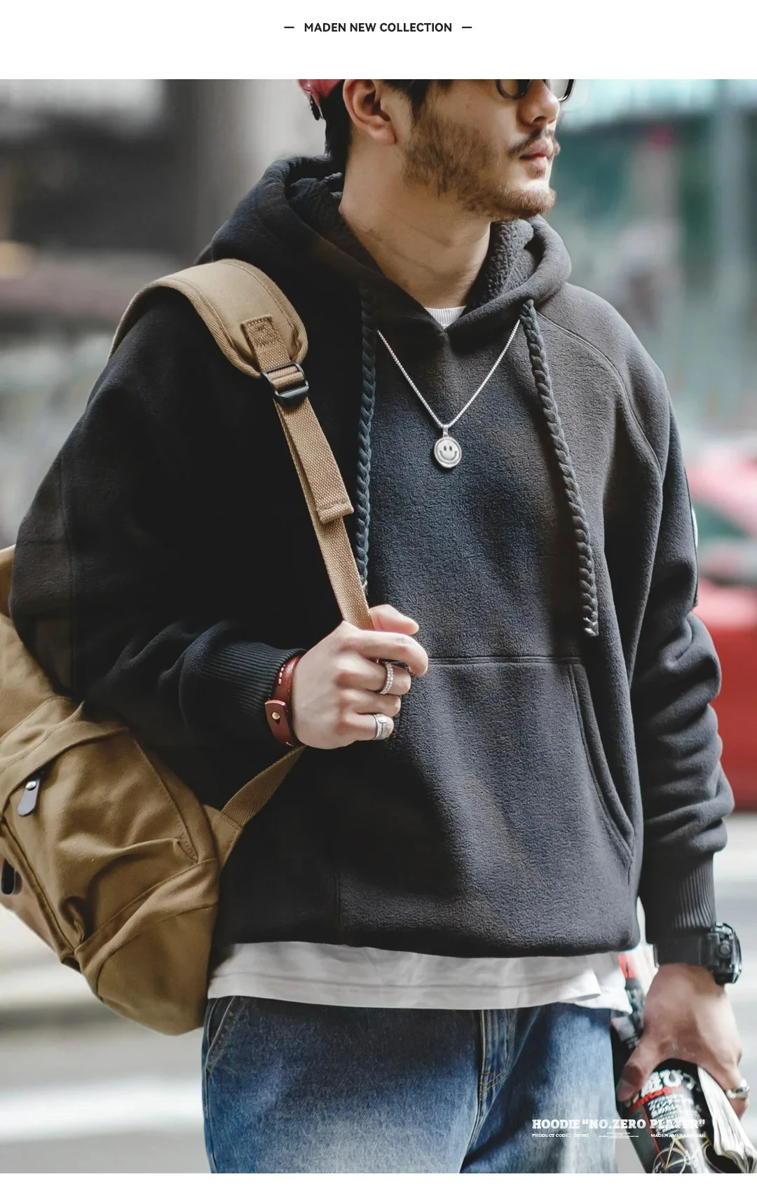 Maden 2024 Autumn Winter Casual Heavyweight Hoodie Men's Black Versatile Thickened Fleece Pullover Loose Warm Hooded Sweatshirt
