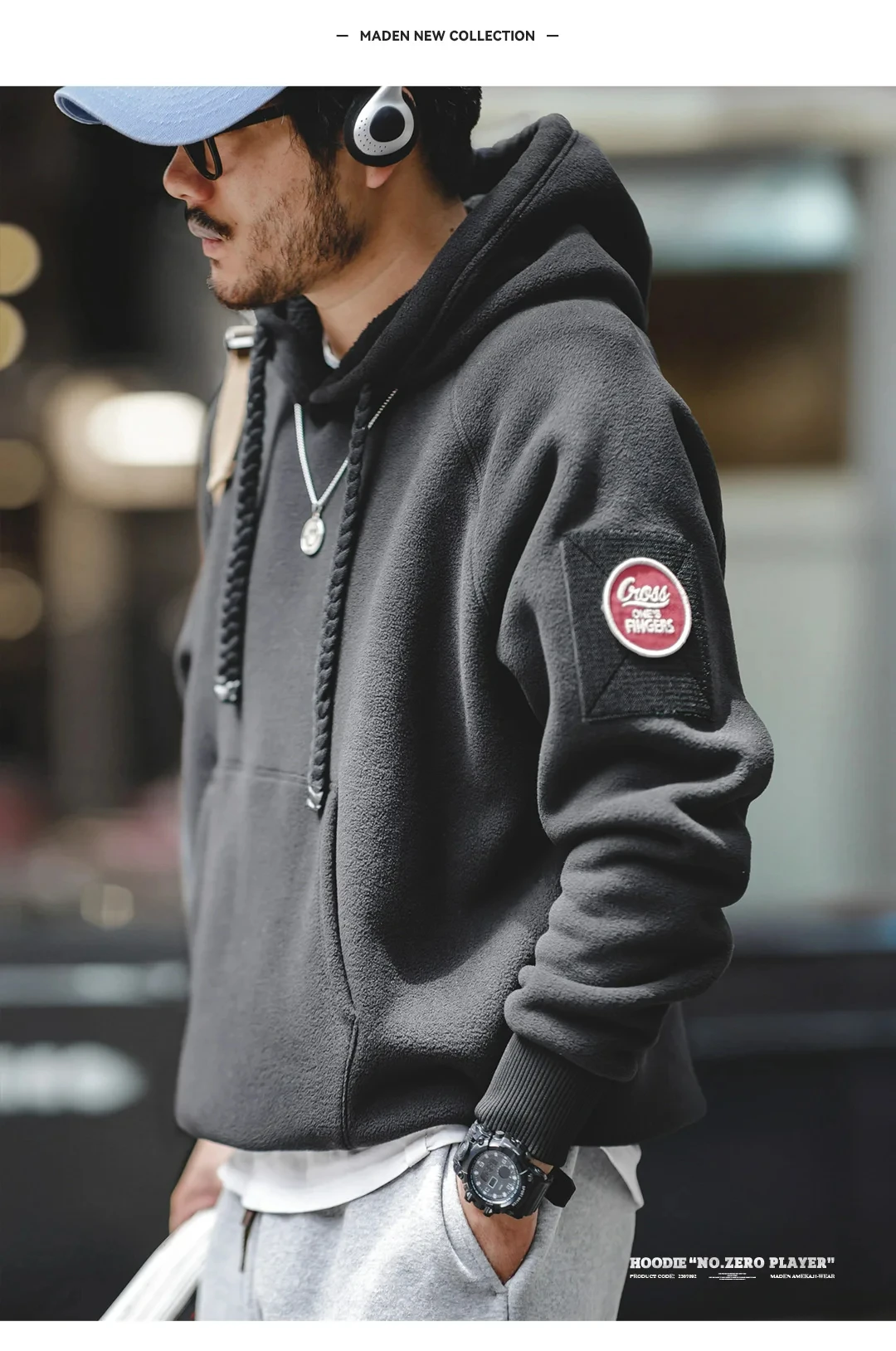Maden 2024 Autumn Winter Casual Heavyweight Hoodie Men's Black Versatile Thickened Fleece Pullover Loose Warm Hooded Sweatshirt