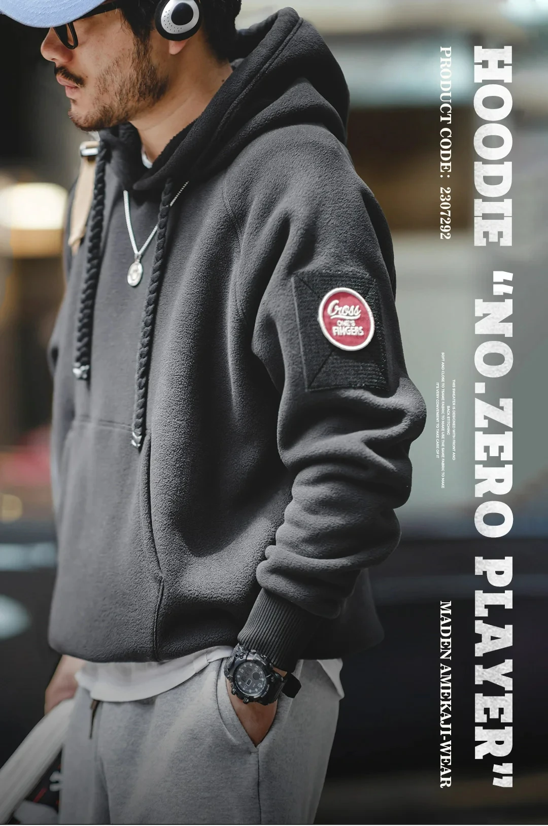 Maden 2024 Autumn Winter Casual Heavyweight Hoodie Men's Black Versatile Thickened Fleece Pullover Loose Warm Hooded Sweatshirt