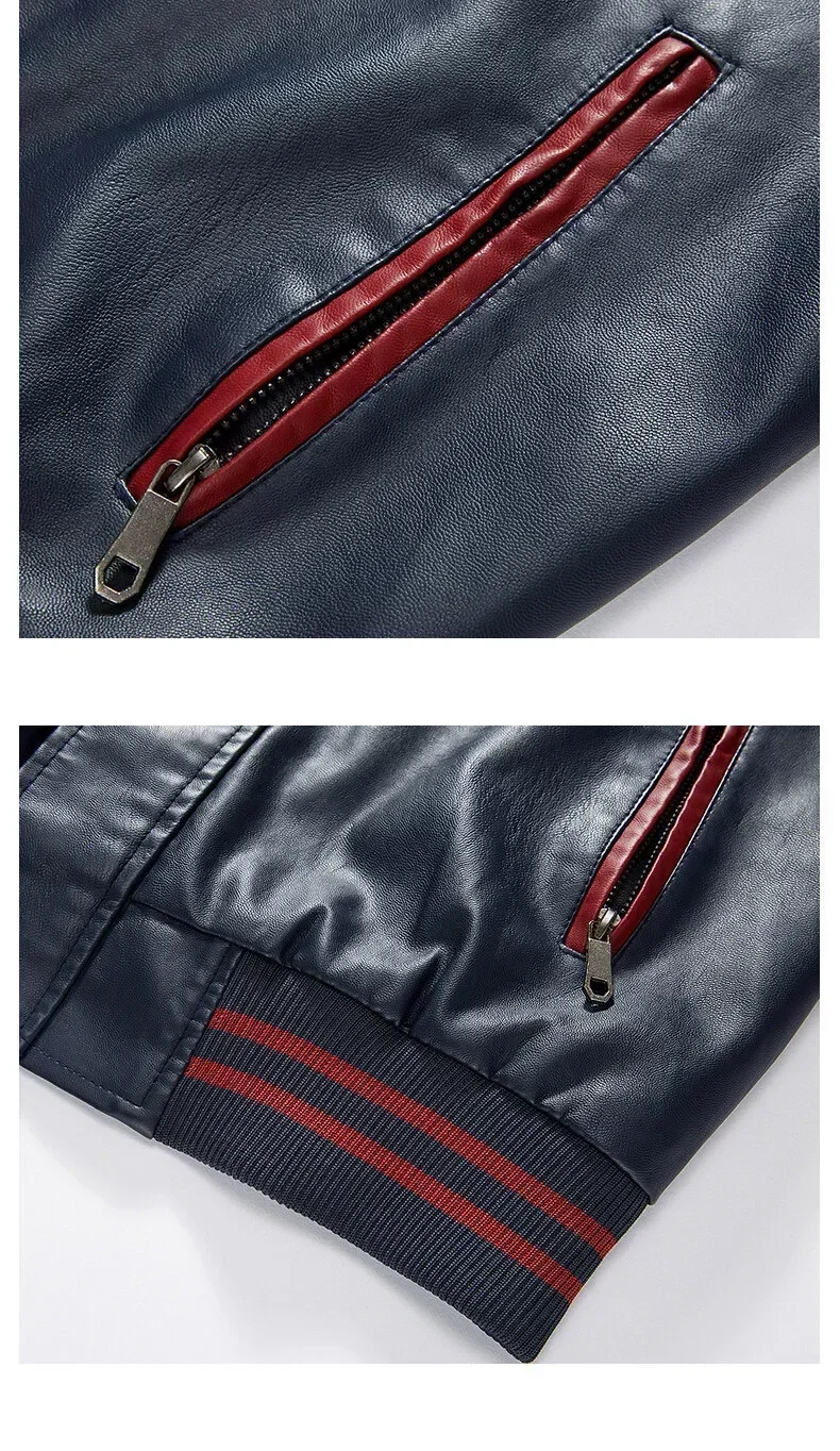 American Baseball Collar Pilot Casual PU Leather JacketSpring and Autumn Men's Motorcycle Suit Leather Jacket Color Blocking