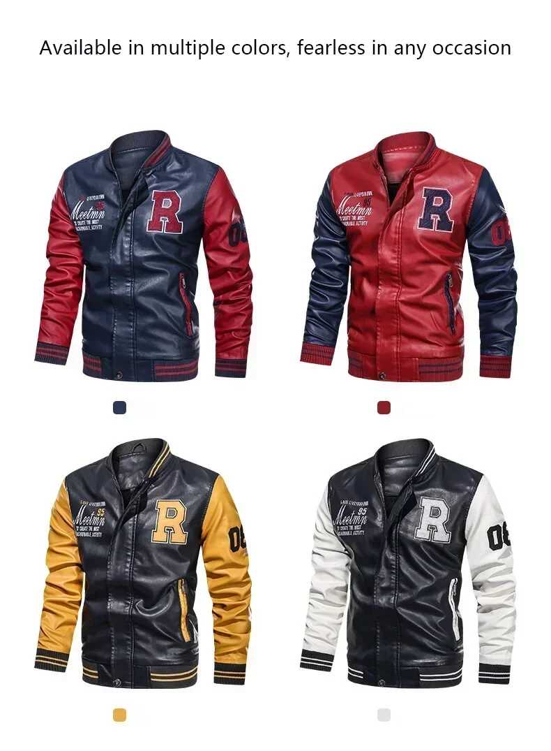 American Baseball Collar Pilot Casual PU Leather JacketSpring and Autumn Men's Motorcycle Suit Leather Jacket Color Blocking