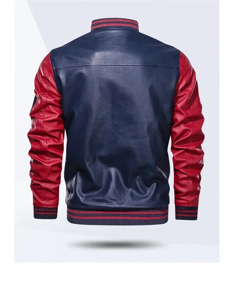 American Baseball Collar Pilot Casual PU Leather JacketSpring and Autumn Men's Motorcycle Suit Leather Jacket Color Blocking