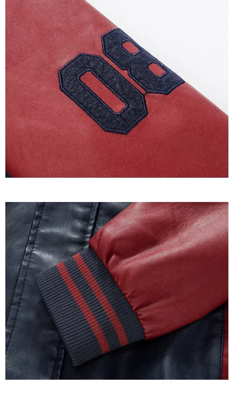American Baseball Collar Pilot Casual PU Leather JacketSpring and Autumn Men's Motorcycle Suit Leather Jacket Color Blocking
