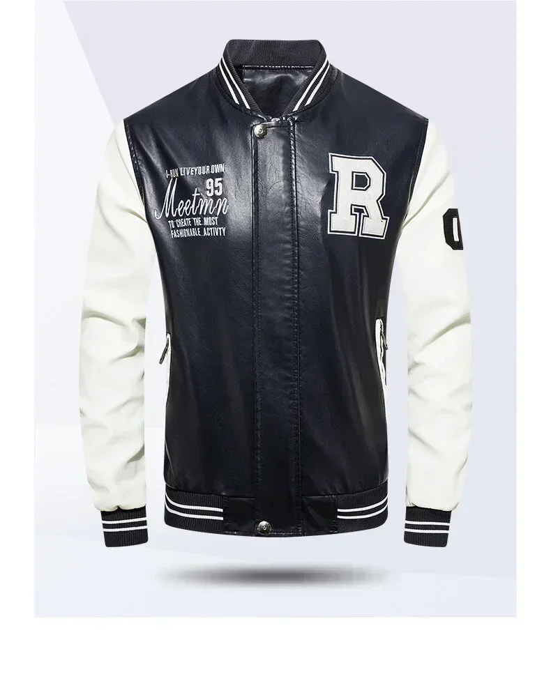 American Baseball Collar Pilot Casual PU Leather JacketSpring and Autumn Men's Motorcycle Suit Leather Jacket Color Blocking