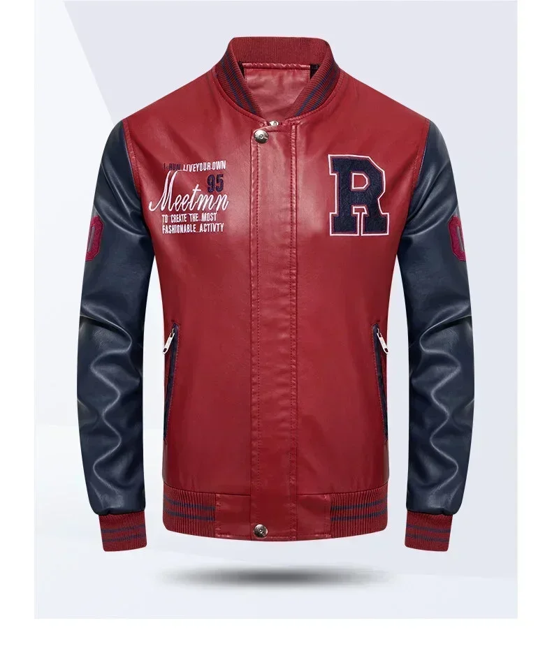 American Baseball Collar Pilot Casual PU Leather JacketSpring and Autumn Men's Motorcycle Suit Leather Jacket Color Blocking