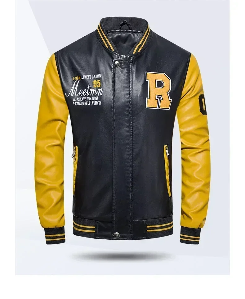 American Baseball Collar Pilot Casual PU Leather JacketSpring and Autumn Men's Motorcycle Suit Leather Jacket Color Blocking
