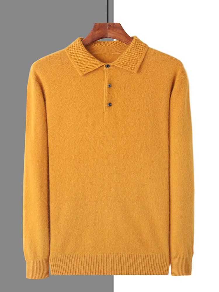 100% Mink Cashmere Jacket Men's POLO Collar Pullover 2024 Spring Autumn New Knitted Tops Casual Loose Large Size Men's Shirts
