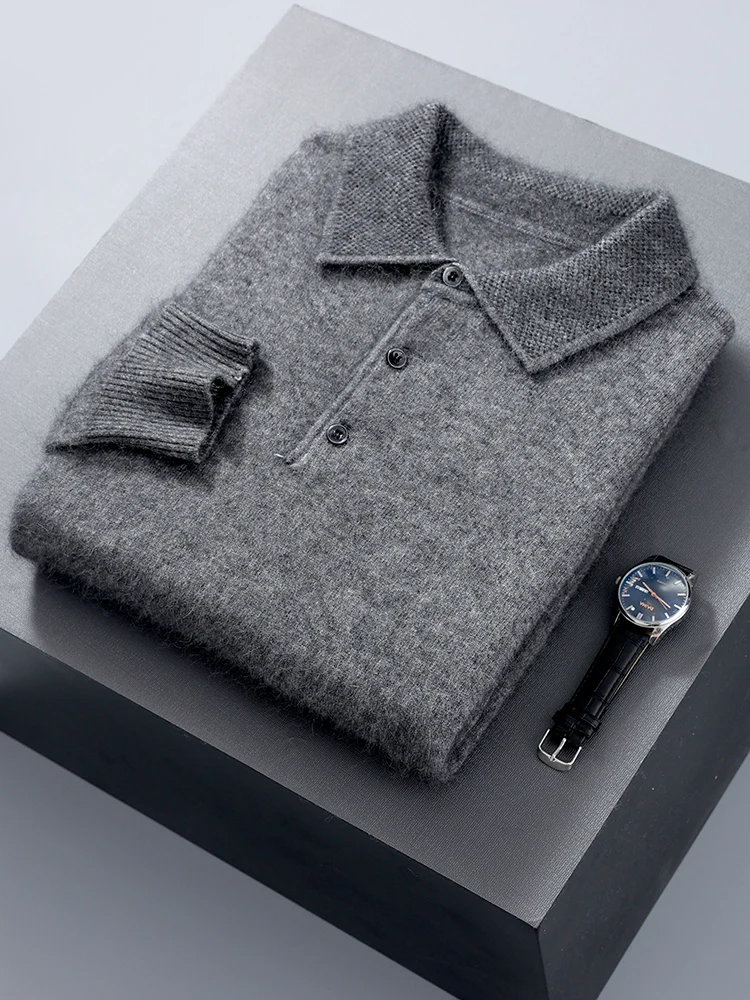100% Mink Cashmere Jacket Men's POLO Collar Pullover 2024 Spring Autumn New Knitted Tops Casual Loose Large Size Men's Shirts