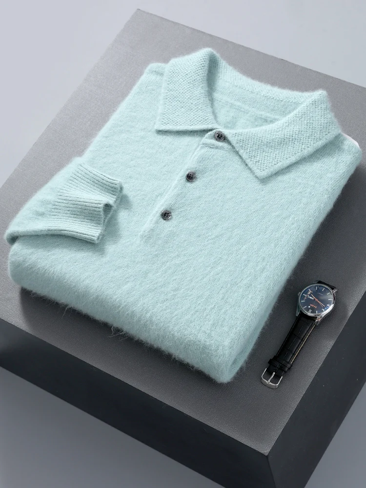 100% Mink Cashmere Jacket Men's POLO Collar Pullover 2024 Spring Autumn New Knitted Tops Casual Loose Large Size Men's Shirts