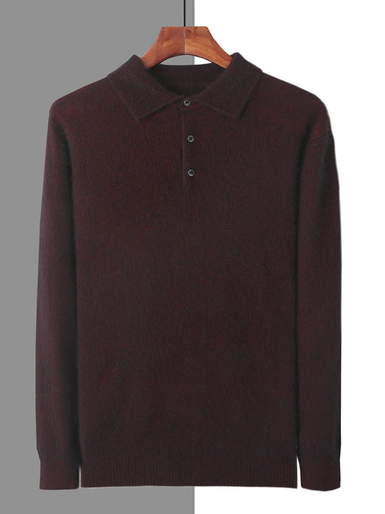 100% Mink Cashmere Jacket Men's POLO Collar Pullover 2024 Spring Autumn New Knitted Tops Casual Loose Large Size Men's Shirts