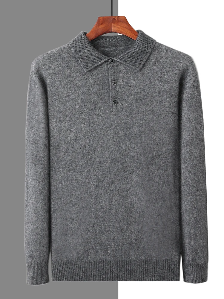 100% Mink Cashmere Jacket Men's POLO Collar Pullover 2024 Spring Autumn New Knitted Tops Casual Loose Large Size Men's Shirts