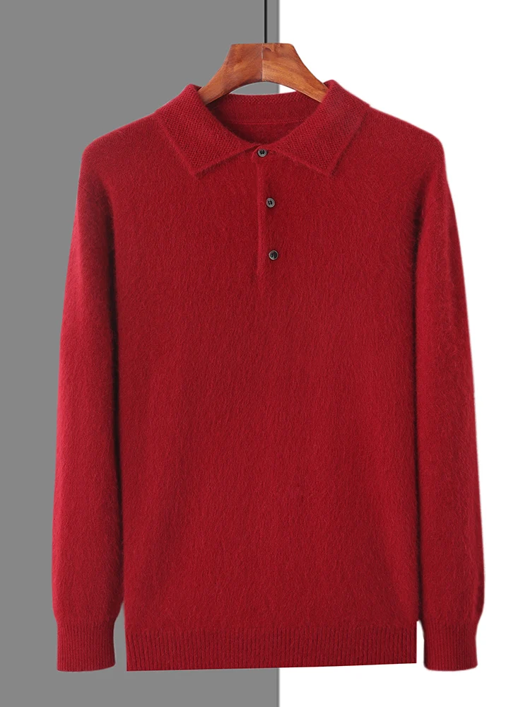100% Mink Cashmere Jacket Men's POLO Collar Pullover 2024 Spring Autumn New Knitted Tops Casual Loose Large Size Men's Shirts