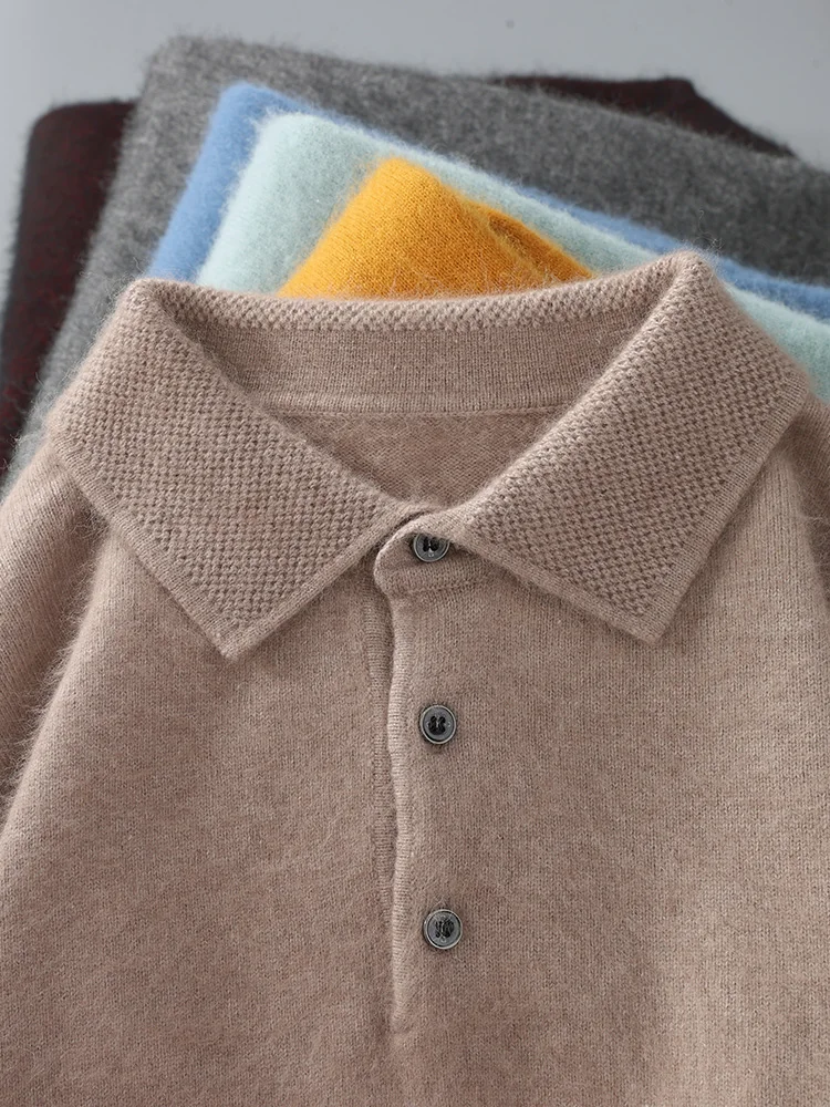 100% Mink Cashmere Jacket Men's POLO Collar Pullover 2024 Spring Autumn New Knitted Tops Casual Loose Large Size Men's Shirts