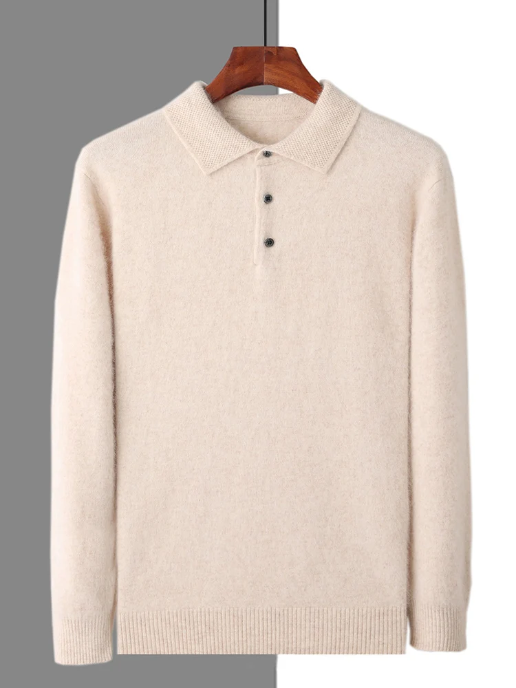 100% Mink Cashmere Jacket Men's POLO Collar Pullover 2024 Spring Autumn New Knitted Tops Casual Loose Large Size Men's Shirts