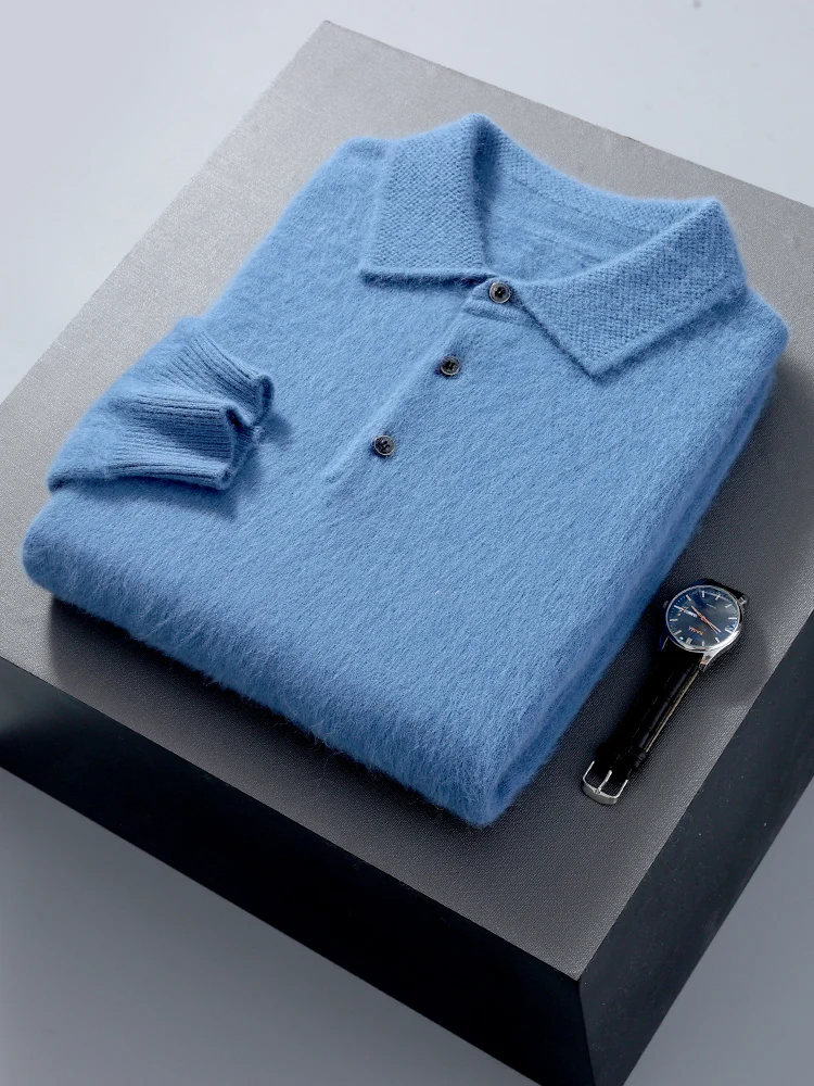 100% Mink Cashmere Jacket Men's POLO Collar Pullover 2024 Spring Autumn New Knitted Tops Casual Loose Large Size Men's Shirts