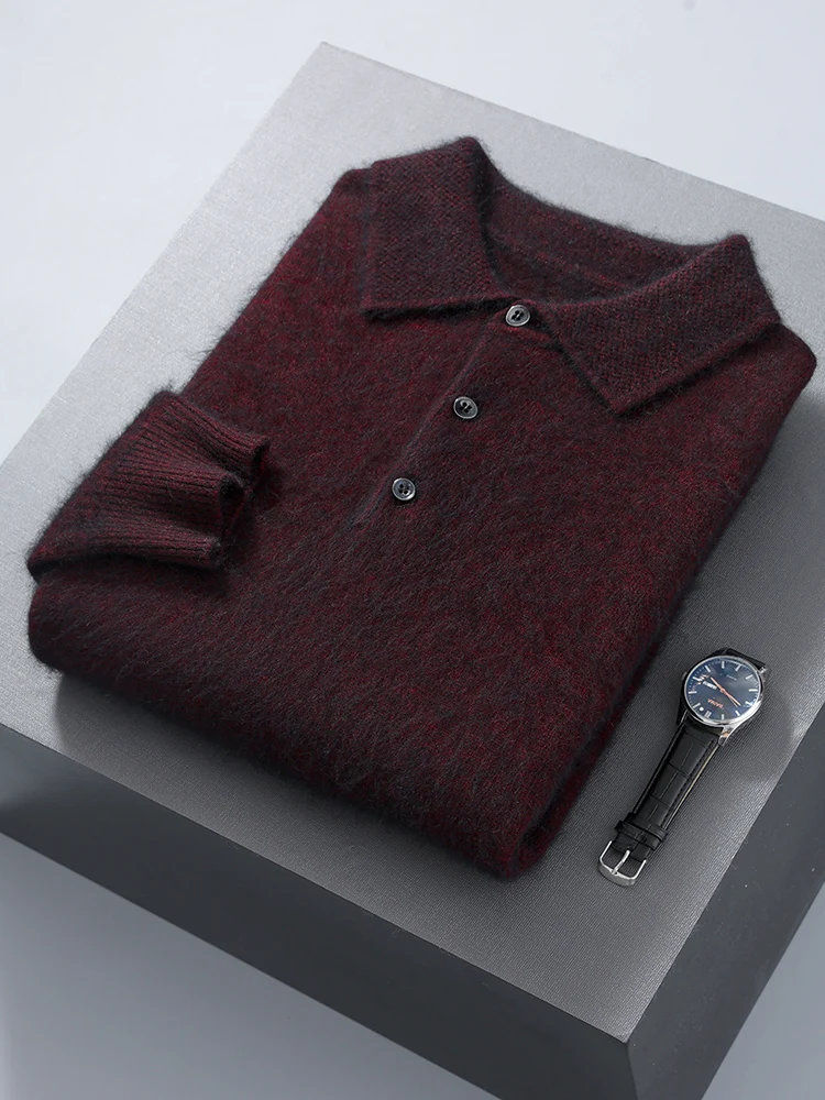 100% Mink Cashmere Jacket Men's POLO Collar Pullover 2024 Spring Autumn New Knitted Tops Casual Loose Large Size Men's Shirts