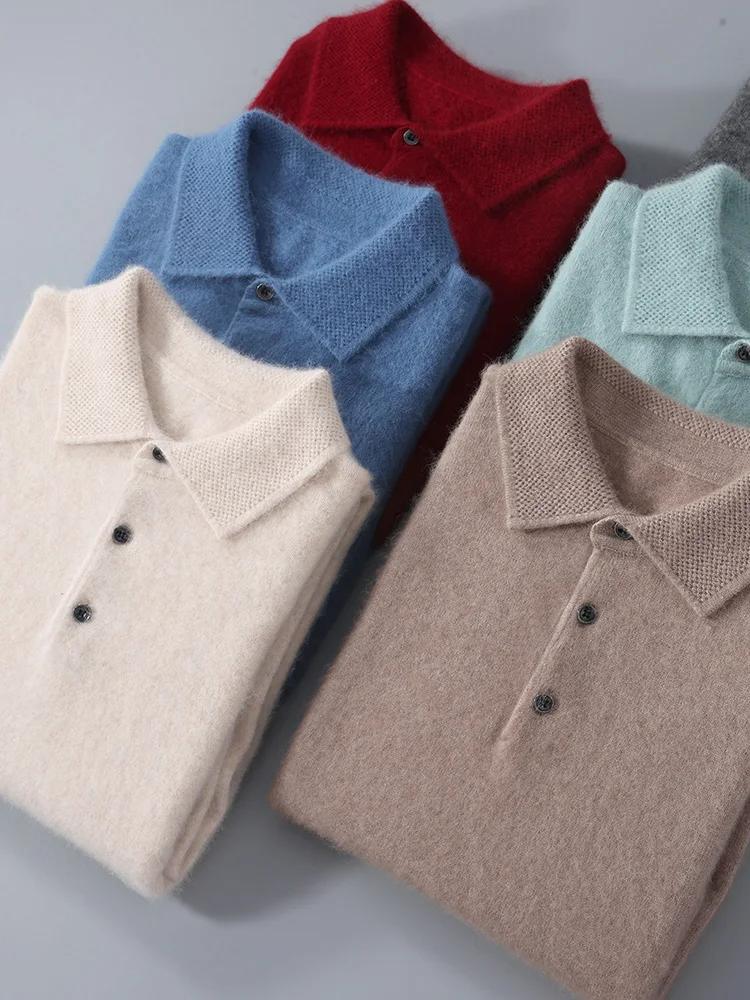 100% Mink Cashmere Jacket Men's POLO Collar Pullover 2024 Spring Autumn New Knitted Tops Casual Loose Large Size Men's Shirts