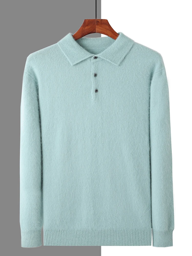 100% Mink Cashmere Jacket Men's POLO Collar Pullover 2024 Spring Autumn New Knitted Tops Casual Loose Large Size Men's Shirts