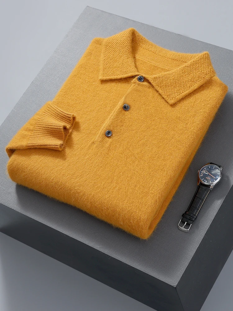 100% Mink Cashmere Jacket Men's POLO Collar Pullover 2024 Spring Autumn New Knitted Tops Casual Loose Large Size Men's Shirts