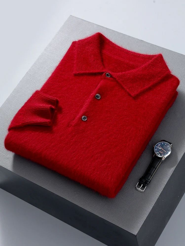 100% Mink Cashmere Jacket Men's POLO Collar Pullover 2024 Spring Autumn New Knitted Tops Casual Loose Large Size Men's Shirts