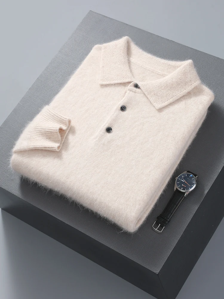 100% Mink Cashmere Jacket Men's POLO Collar Pullover 2024 Spring Autumn New Knitted Tops Casual Loose Large Size Men's Shirts
