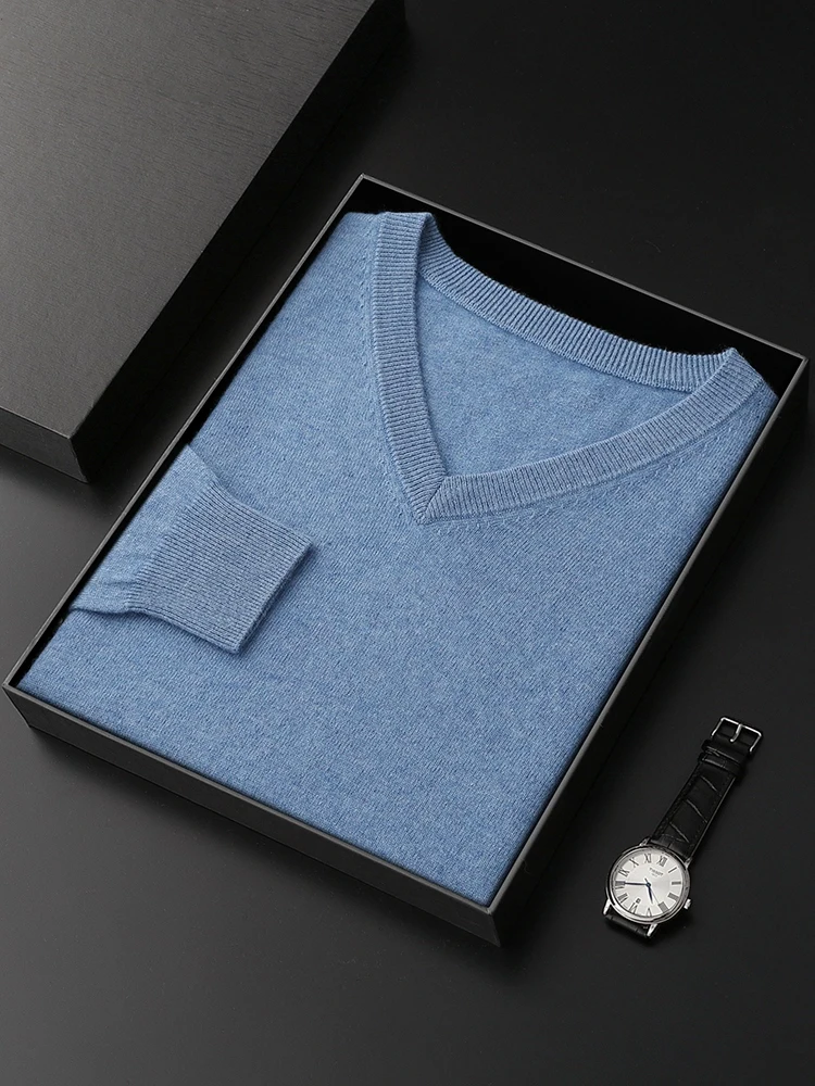 Men's 100% Cashmere Sweater V-neck Pullover Autumn Winter Basic Smart Casual Cashmere Knitwear Long Sleeve Clothing Topss