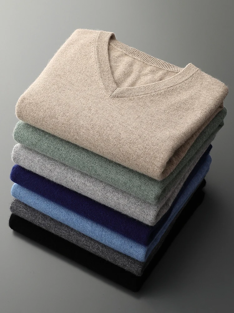 Men's 100% Cashmere Sweater V-neck Pullover Autumn Winter Basic Smart Casual Cashmere Knitwear Long Sleeve Clothing Topss
