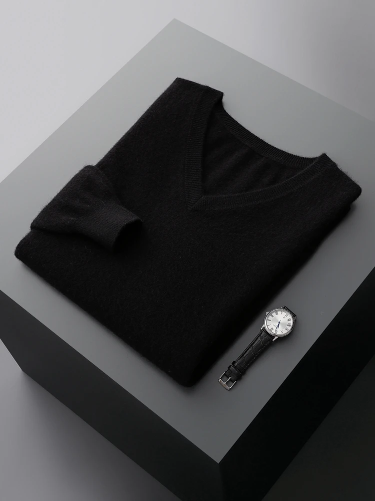 Men's 100% Cashmere Sweater V-neck Pullover Autumn Winter Basic Smart Casual Cashmere Knitwear Long Sleeve Clothing Topss