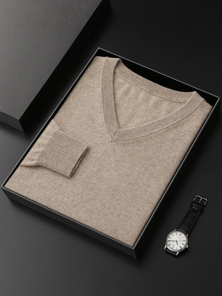 Men's 100% Cashmere Sweater V-neck Pullover Autumn Winter Basic Smart Casual Cashmere Knitwear Long Sleeve Clothing Topss