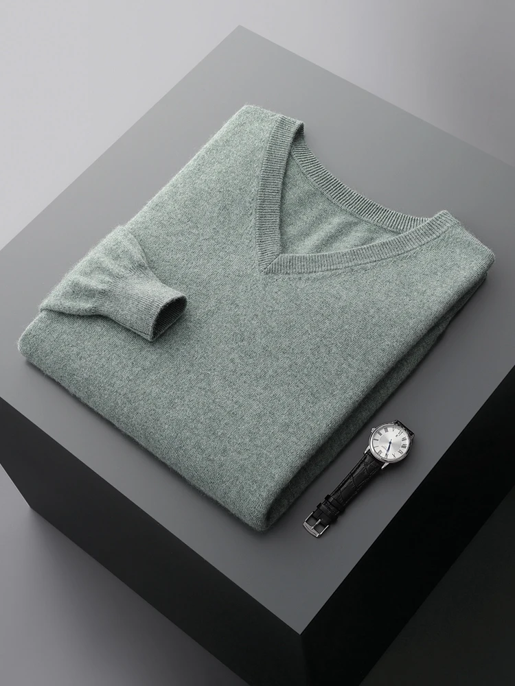 Men's 100% Cashmere Sweater V-neck Pullover Autumn Winter Basic Smart Casual Cashmere Knitwear Long Sleeve Clothing Topss