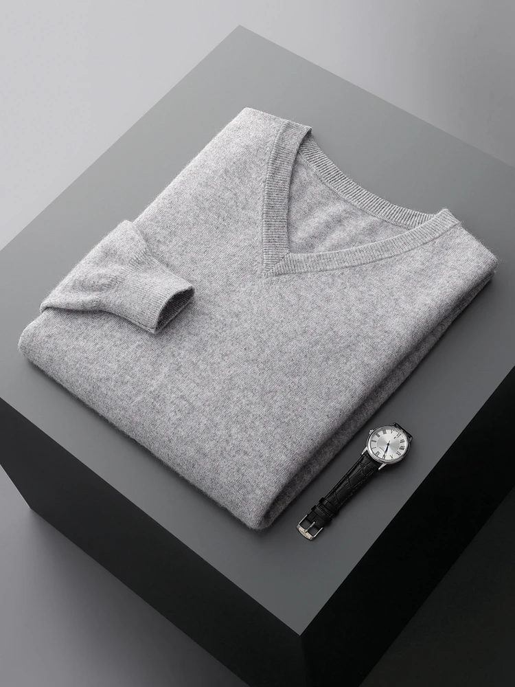 Men's 100% Cashmere Sweater V-neck Pullover Autumn Winter Basic Smart Casual Cashmere Knitwear Long Sleeve Clothing Topss