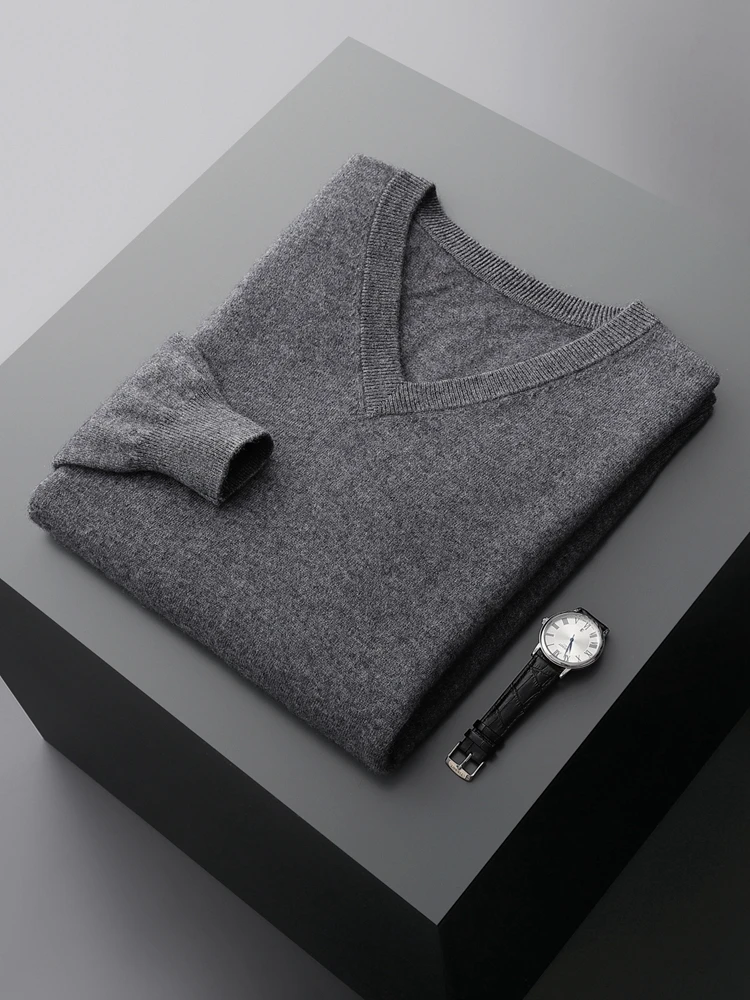 Men's 100% Cashmere Sweater V-neck Pullover Autumn Winter Basic Smart Casual Cashmere Knitwear Long Sleeve Clothing Topss