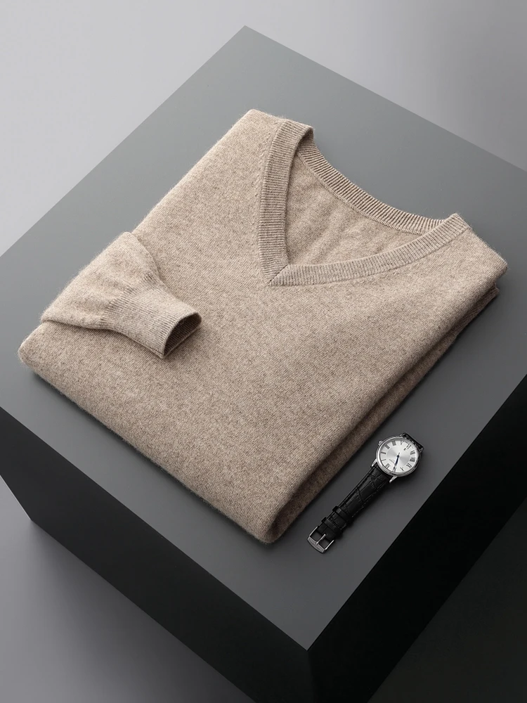 Men's 100% Cashmere Sweater V-neck Pullover Autumn Winter Basic Smart Casual Cashmere Knitwear Long Sleeve Clothing Topss